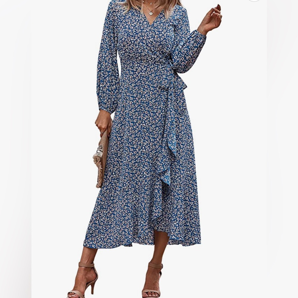 Women's Long Sleeve Vintage Wrap Dress Floral Print V-Neck Maxi Dresses w/Belt